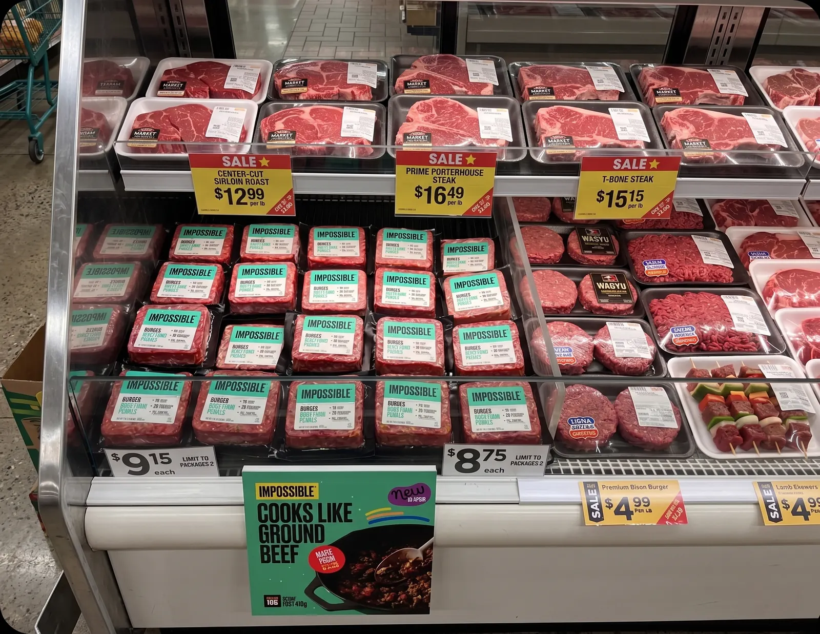 Impossible Foods beside conventional beef with visible prices