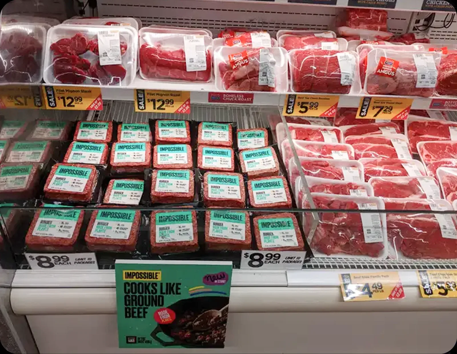 Impossible Foods beside conventional beef with visible prices
