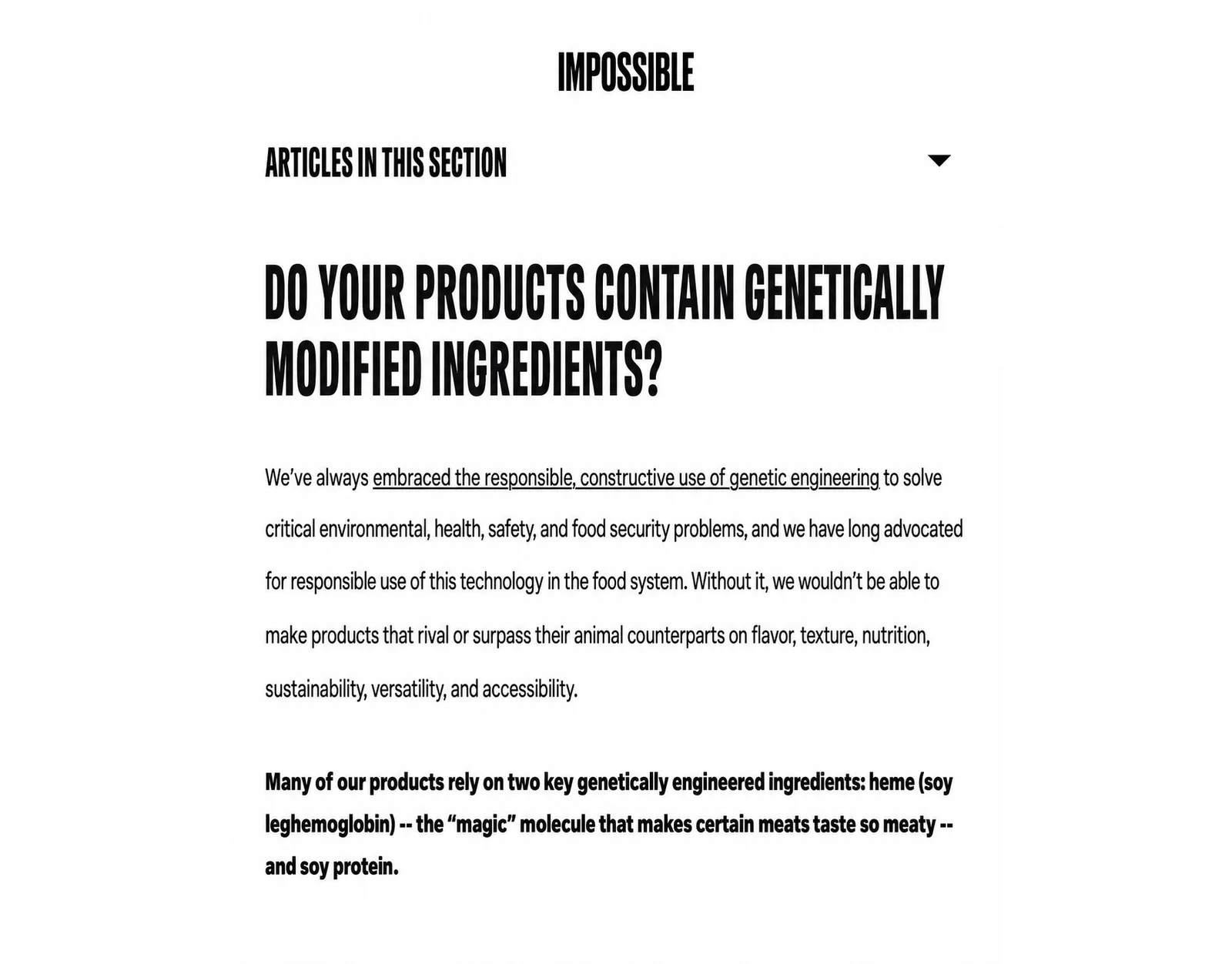 Impossible Foods website page explaining genetically modified ingredients