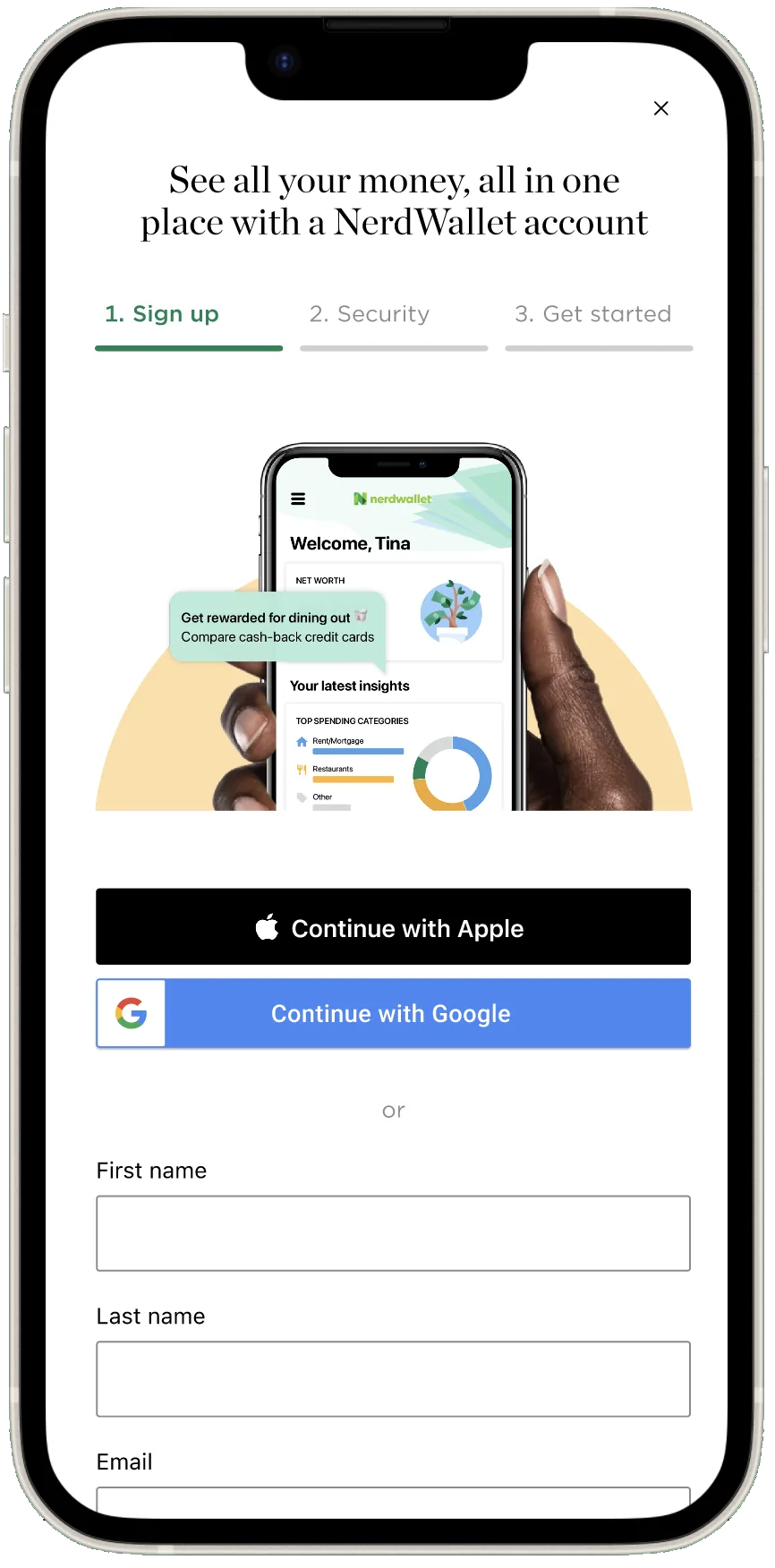 Redesigned NerdWallet sign-up flow on mobile