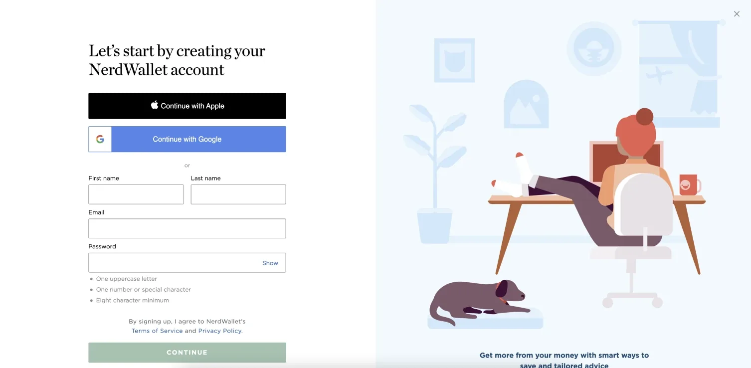 Current NerdWallet sign-up page using a generic blue illustration and limited NerdWallet branding