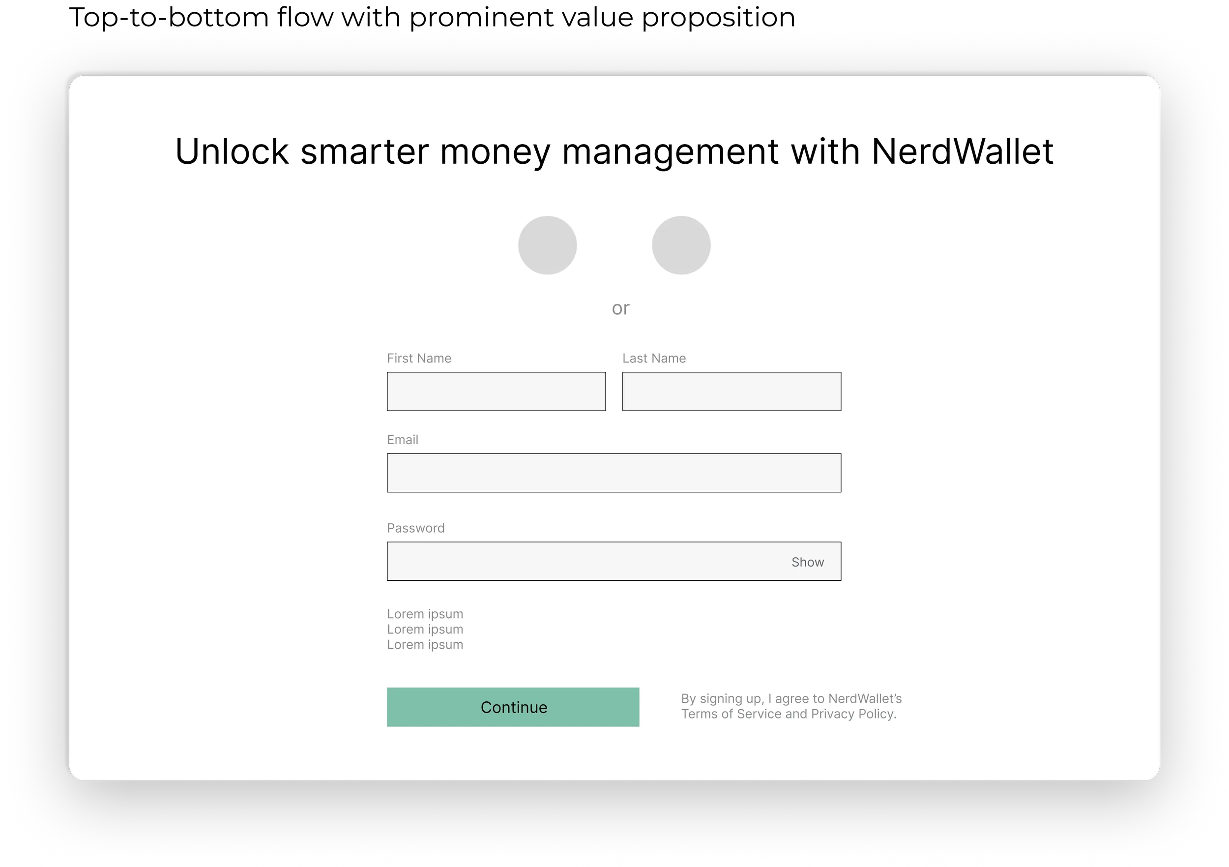 Single-column low-fidelity NerdWallet sign-up concept