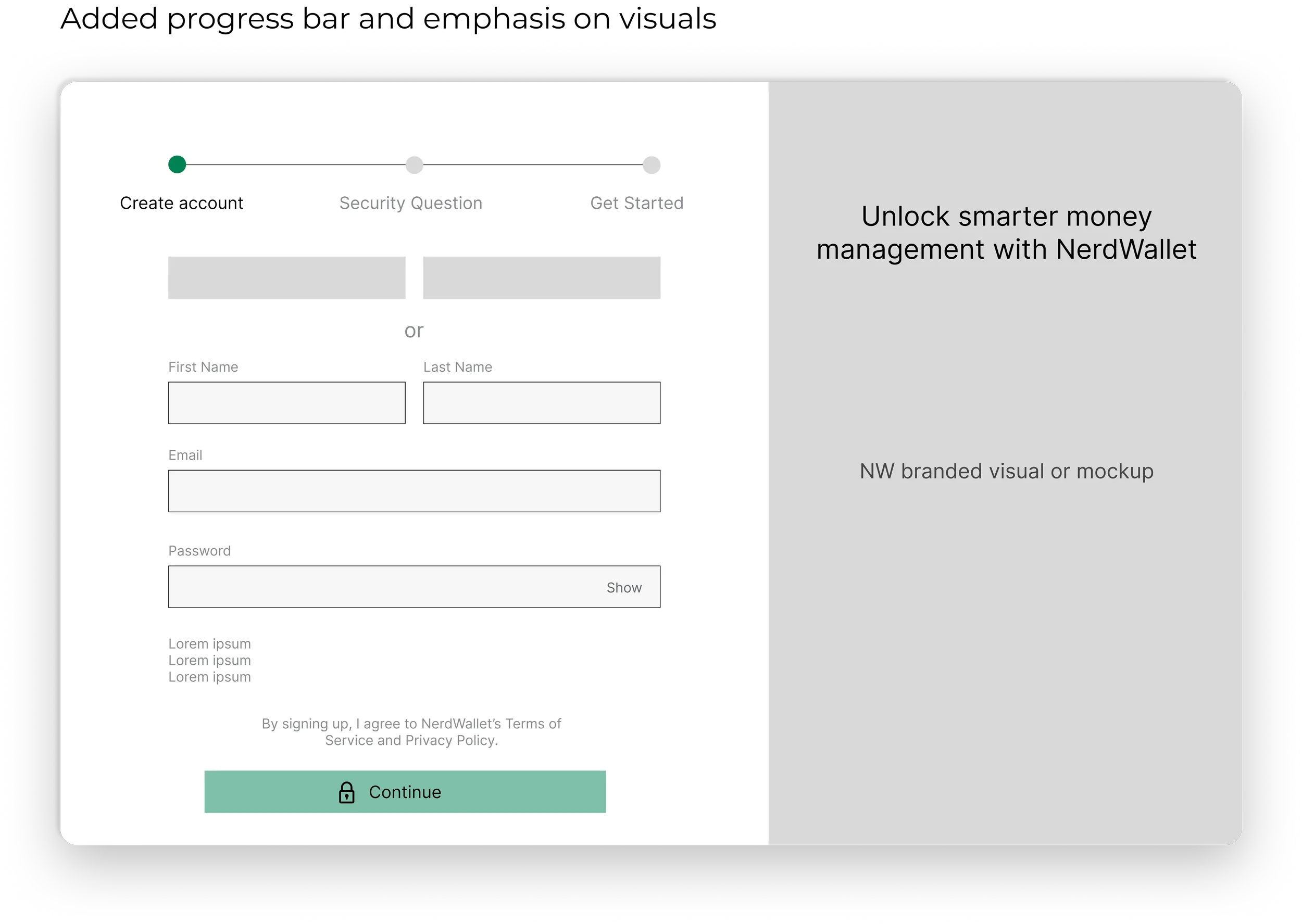 Split-screen low-fidelity NerdWallet sign-up concept