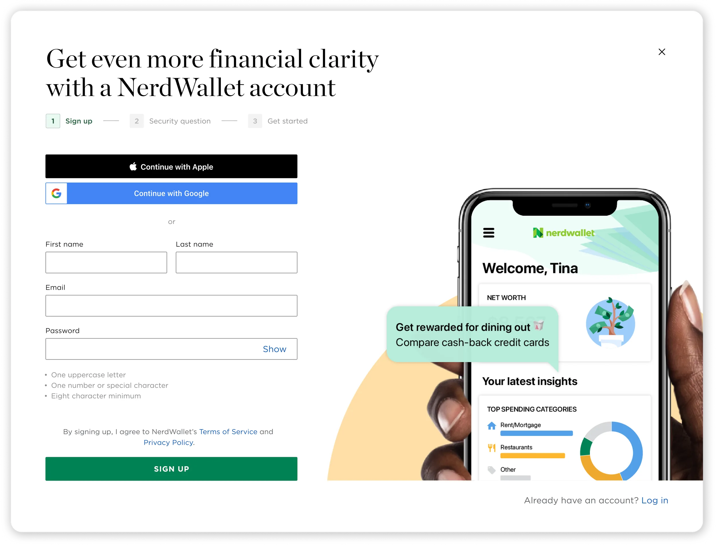 First high-fidelity layout iteration of the NerdWallet sign-up screen