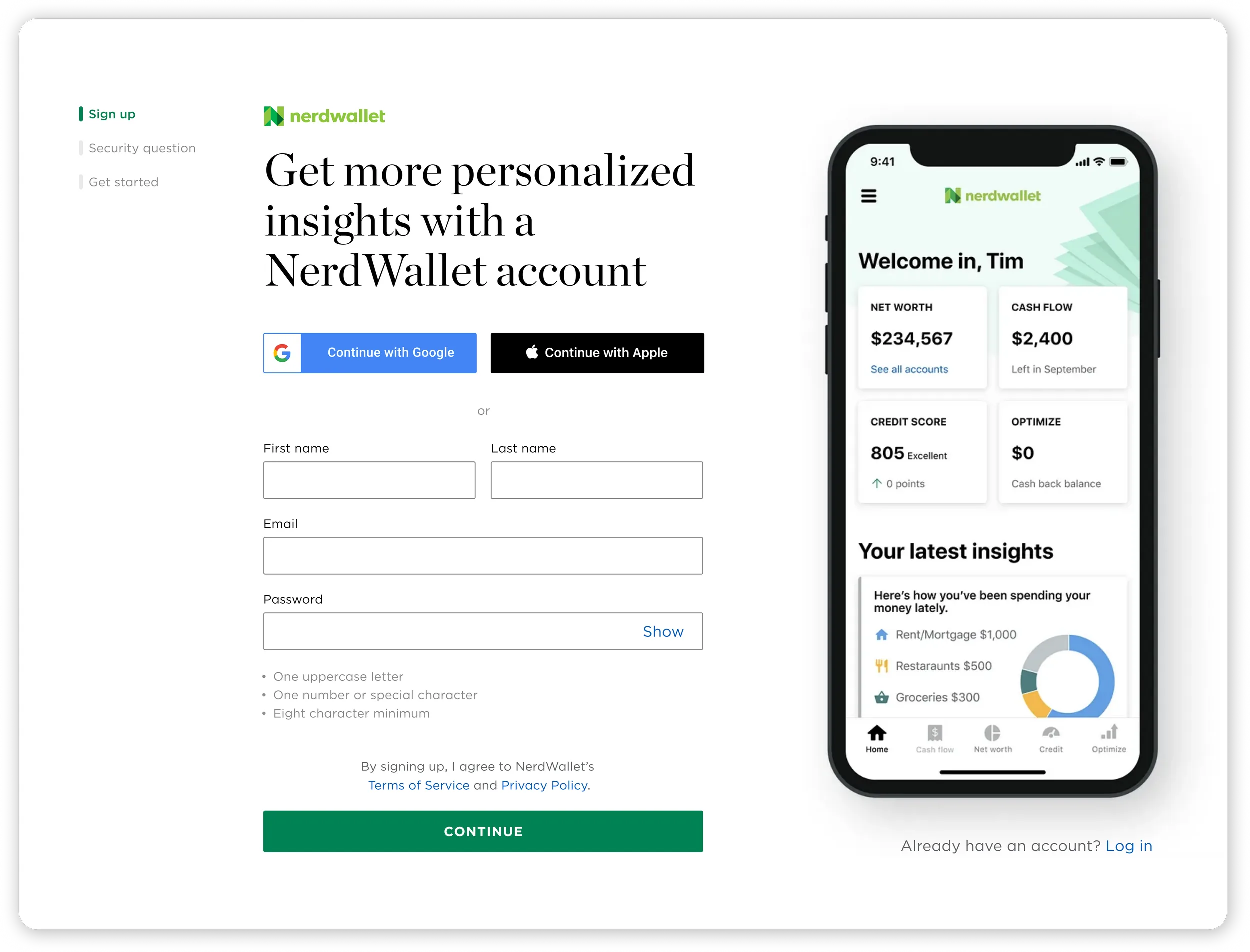 Second high-fidelity layout iteration of the NerdWallet sign-up screen