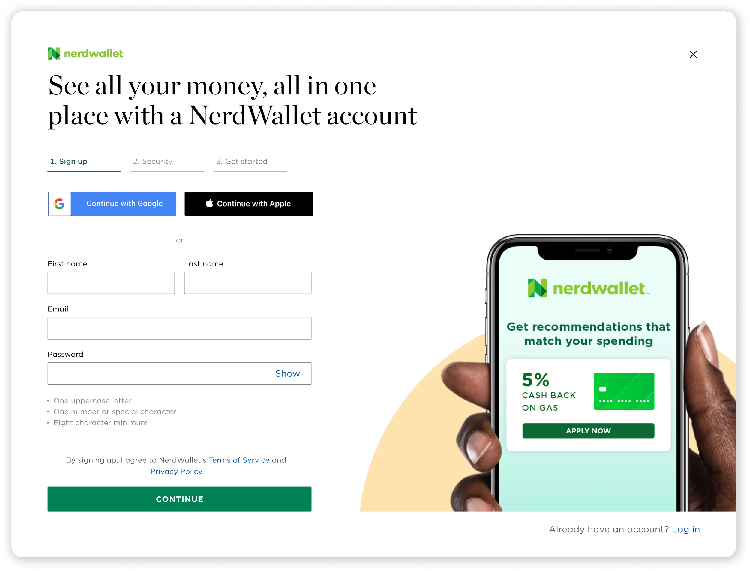Third high-fidelity layout iteration of the NerdWallet sign-up screen