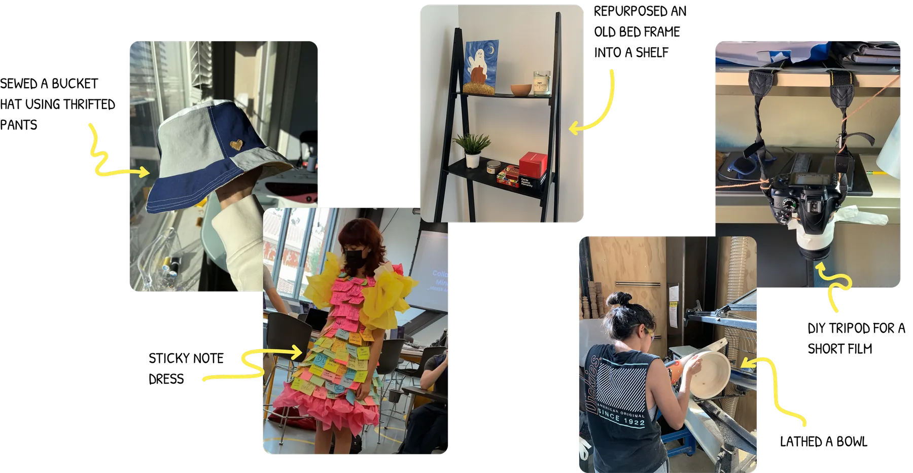 Scrappy Maker — a sewn bucket hat, a bed frame repurposed into a shelf, a sticky note dress, a DIY camera tripod, and a lathed bowl