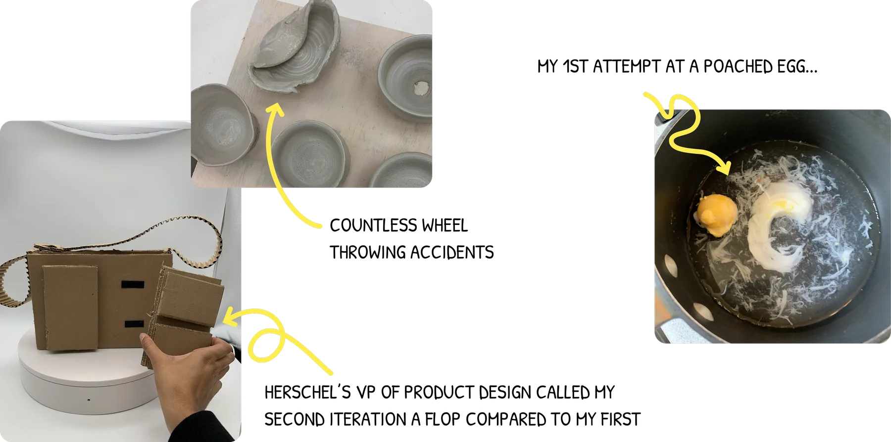 Failure Embracer — wheel-throwing accidents, a cardboard prototype, and a first attempt at a poached egg