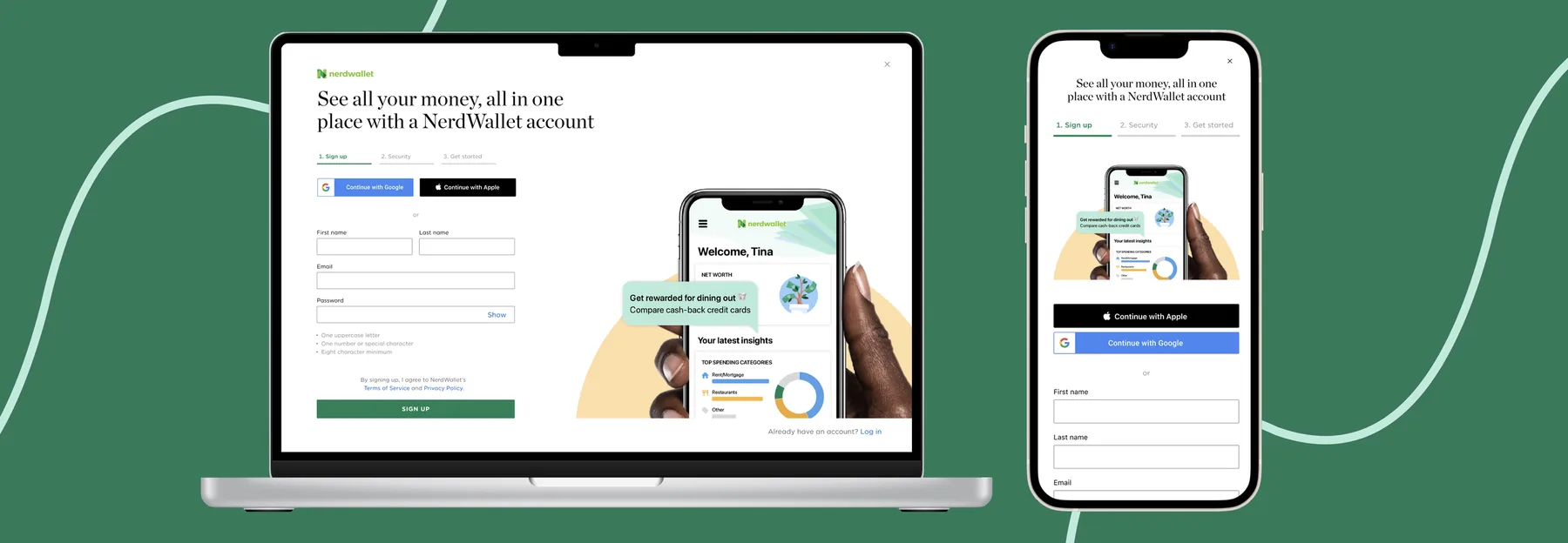NerdWallet — laptop and mobile sign-up screens with green branding